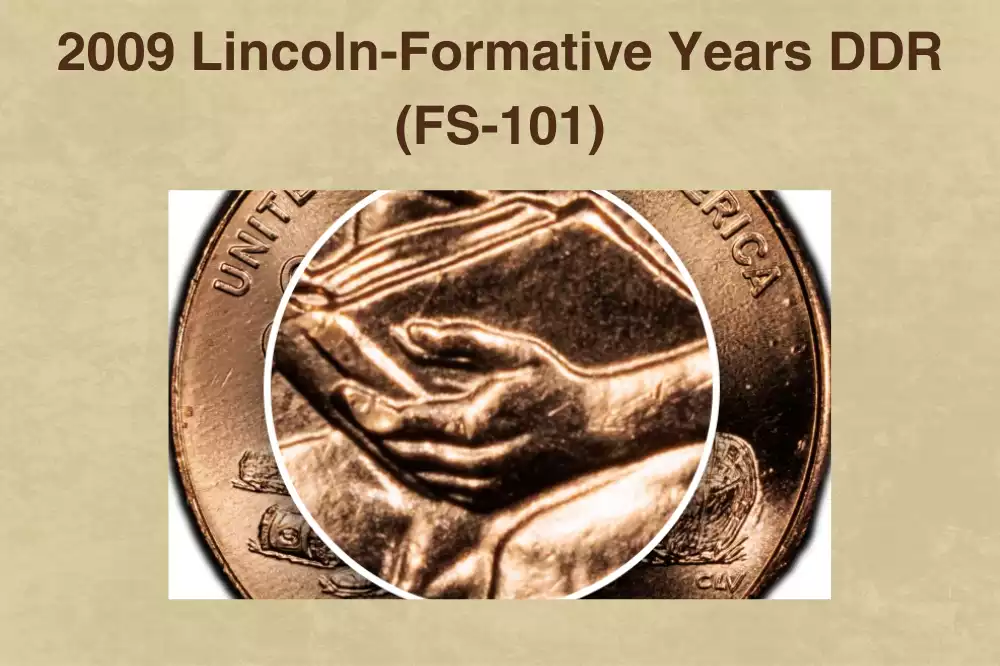 2009 Formative Years penny reverse close-up showing Double Thumb DDR error with secondary thumb outline visible on Lincoln's left hand holding the book