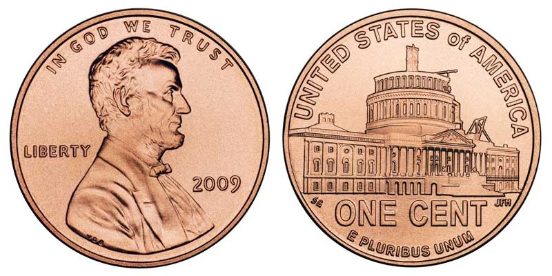 2009 Presidency penny reverse showing unfinished U.S. Capitol dome design with scaffolding symbolizing Lincoln's era, in high-grade condition