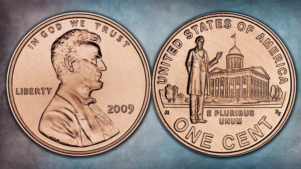 Complete set of eight 2009 Lincoln Bicentennial cents showing all four designs from both Philadelphia and Denver mints arranged in 4×2 grid with reverses visible