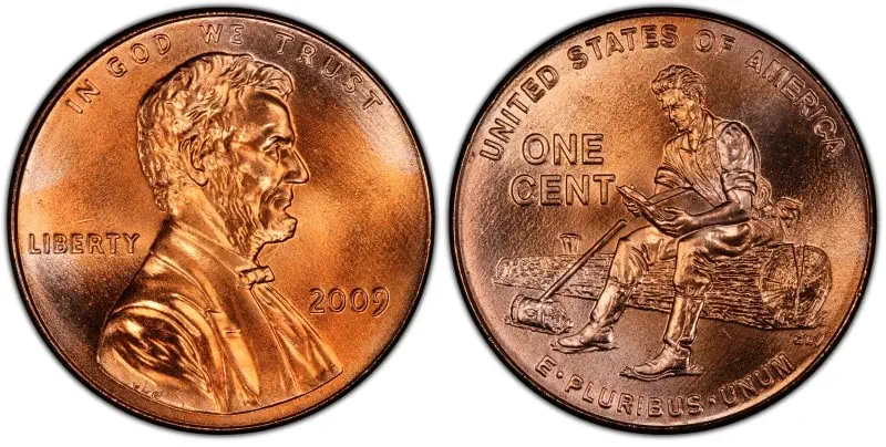 2009 Lincoln penny grading strip showing four condition tiers from circulated to gem uncirculated Red with original copper luster and sharp reverse design detail